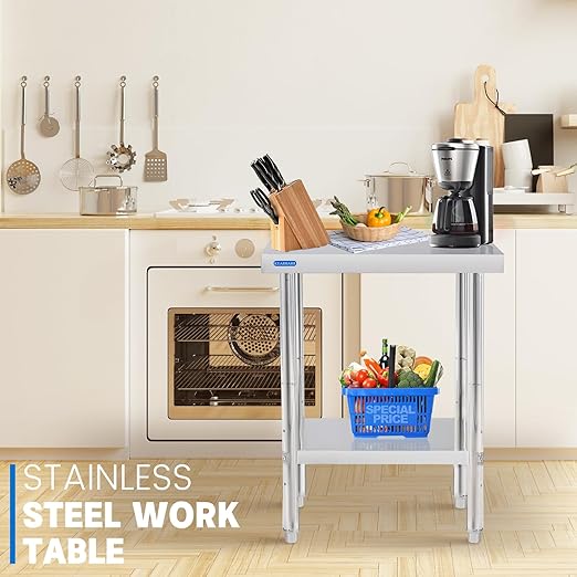 Stainless Steel Table for Prep & Work with Undershelf 18 x 24 Inches NSF Metal Commercial Kitchen Prep Table with Adjustable Under Shelf Worktable for Restaurant Home Outdoor