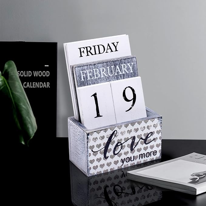 Notakia Perpetual Calendar Wooden Calendar Blocks Vintage Wood Block Calendar for Home Office Desk Accessories Week Month Date Display (Love you more)