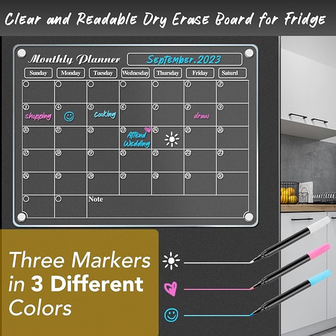 DIYMAG Acrylic Magnetic Dry Erase Calendar for Fridge, Clear Acrylic Calendar Planning Board Magnetic Monthly Planner Menu for Refrigerator with 3 Highlight Markers