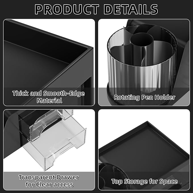 Marbrasse Desk Organizer with 2 Drawer, 360 Rotating Pen Holder, 6 Slots Pencil Organizer + 2 Drawer, Art Supply Storage Box Caddy for Office (Black)