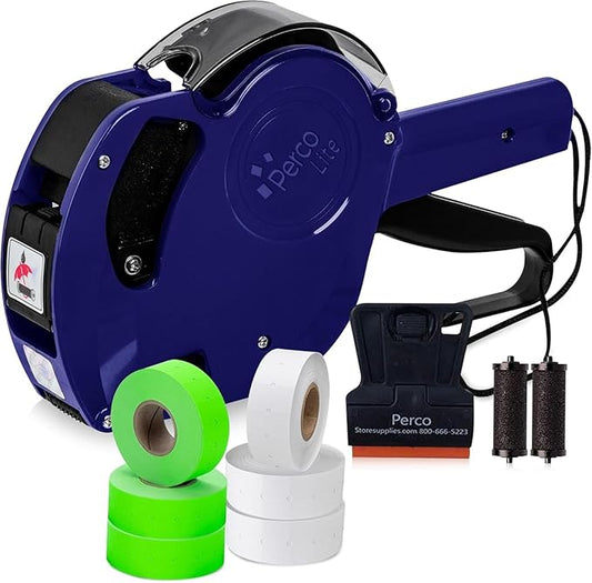 Perco Lite 1 Line Price Gun with Labels Kit - Includes 3 White Rolls, 3 Fluorescent Green Rolls, 2 Ink Rollers, 1 Ink roll and Labels Pre-Loaded