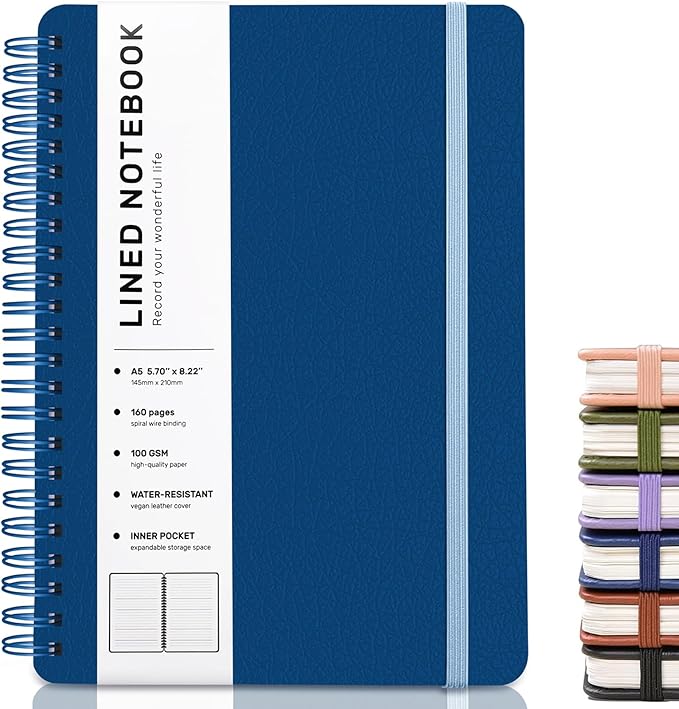 ABERLLS Blue Lined Spiral Journal Notebook with 160 Pages, 8×5.7in, A5 Spiral Notebook, Journaling Notebooks for Work, School, Women, Men, College Ruled Spiral Notebook, Hardcover Leather Journals