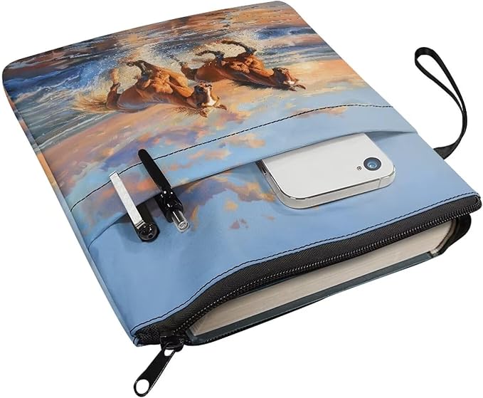 COEQINE Horses Themes Large Black Book Cover Case Zippered Organizer for School Teacher Student Hardcover Book Sleeves Cover with Pen Holder Beach Horse Sunset Pattern Book Sleeves