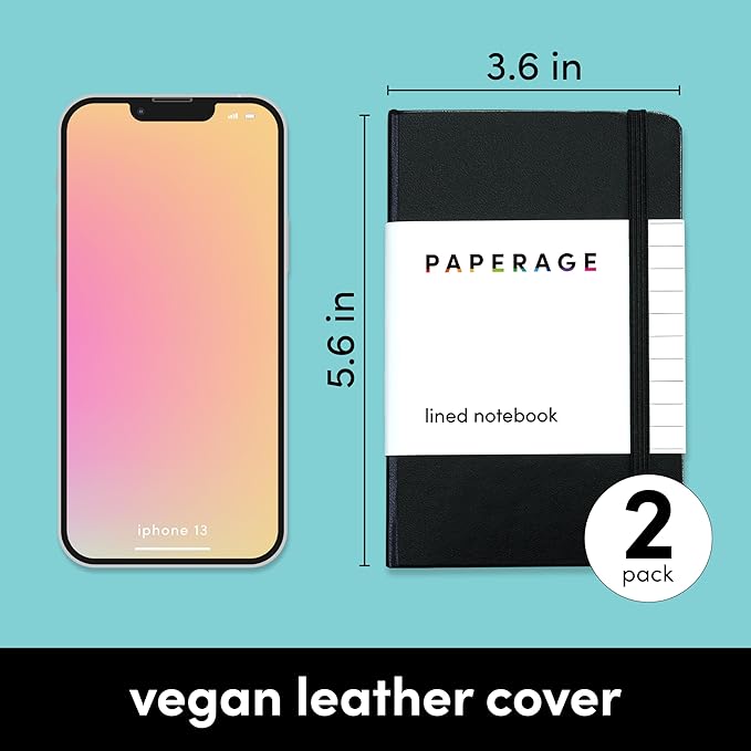 PAPERAGE Lined Pocket Journal Notebook, 2 Pack, (Black), 160 Pages, Small Notebook, 3.6 inches x 5.6 inches - 100 GSM Thick Paper, Hardcover
