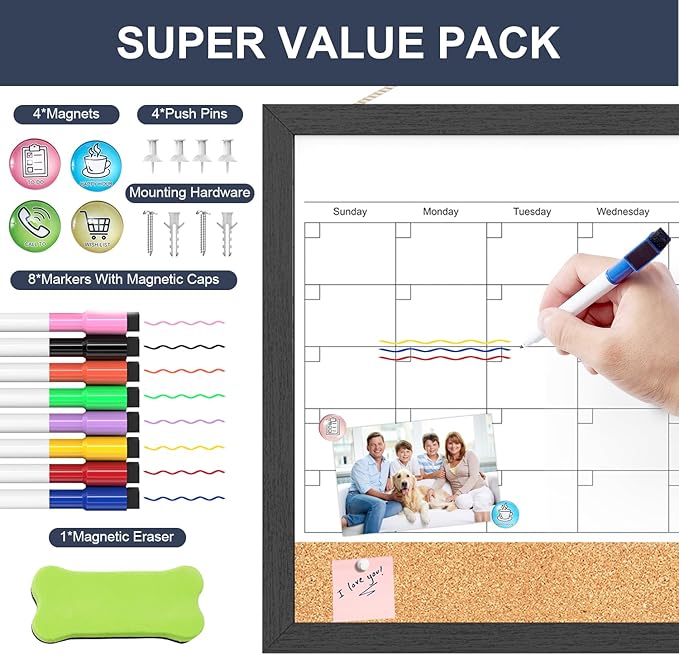 Dry Erase Calendar for Wall, 17"x13" Dry Erase Calendar Cork Board Combo, Magnetic Small White Board with Wood Framed, Hanging Dry Erase Board for Planner Office Kitchen Home Memo