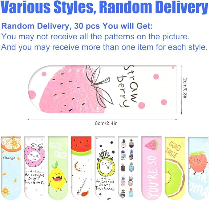 30 Pieces Cute Magnetic Bookmarks for Women/Men, Dual Sided Rainbow Film Laminated Book Markers for Girls, Funny Magnetic Bookmarks for Kids, Book Marks Bulk Page Clip Reading Giveaways (Fruit)