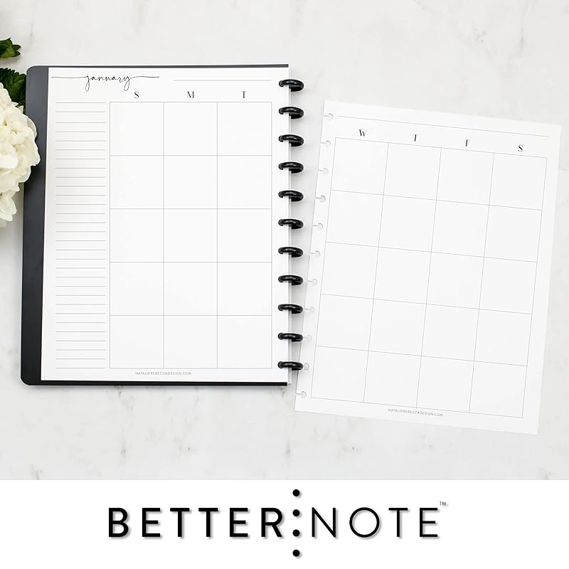 BetterNote Horizontal Undated Calendar Refill Pages for Disc Notebook, fits The Happy Planner, Discbound Levenger Circa, Staples Arc, TUL (Modern- 12 months, 11-Disc, 8.5"x11")