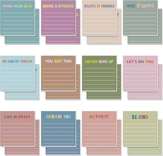 Yinder 24 Pcs Inspirational Sticky Notes with Lines Cute Motivational Sticky Notes Pad Employee Appreciation Gifts Bulk for Teacher Nurse Coworkers Office Supplies 3 x 3''(Morandi,Motivational)