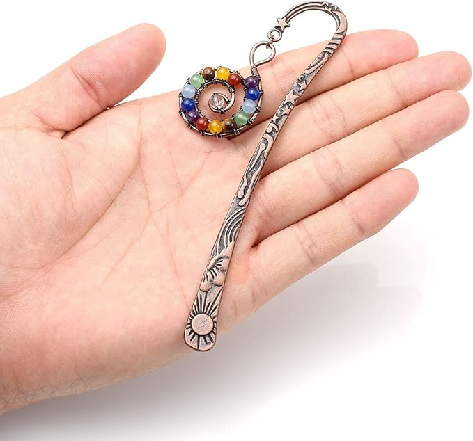 Jovivi 3pcs Antique Copper Metal Bookmark Beading Bookmarks with Handmade 7 Chakra Healing Crystals Tree of Life Tumbled Gemstones & Swirl & Leaf Bead