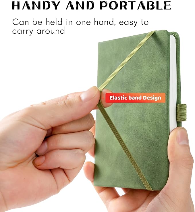 2Pack Pocket Notebook Small Notebook Journal Notebook 4 inches x 5.7 inches 200 Pages Leather Cover With Pen Holder Page Marker Ribbons(Green)