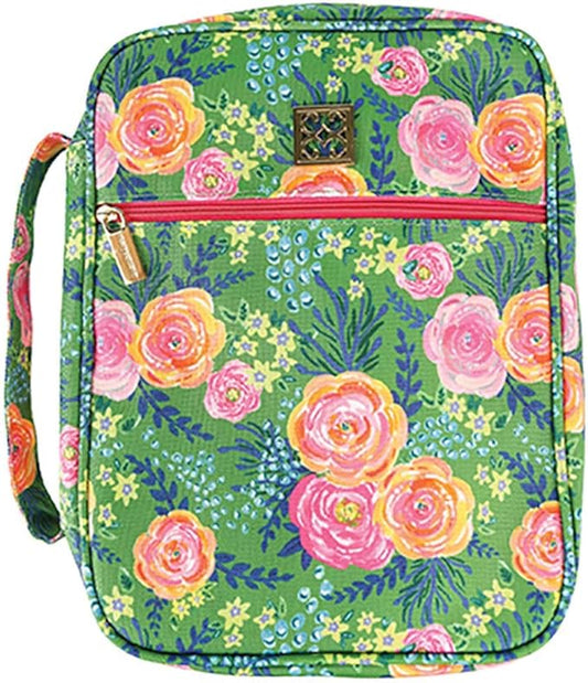 Madison Floral Green and Gold 11 x 9 Canvas Fabric Zippered Bible Cover Case
