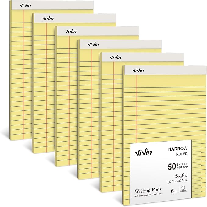 ViVin 5 x 8 Inch Legal Pads, 6 Pack, Narrow Ruled, 50 Sheets Per Writing Pad, Perforated Note Pads Ideal for Home, Office, Business, 300 Sheets (6 Pack of 50), Canary Yellow Paper