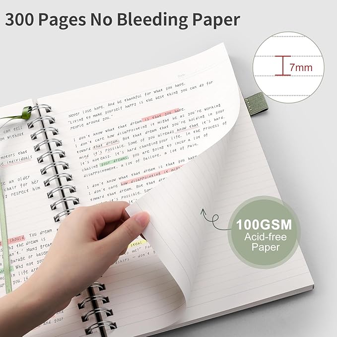 EMSHOI Lined Spiral Journal Notebook, A5 College Ruled Notebook, 300 Pages/150 Sheets, 100gsm Acid-Free Paper, Waterproof Softcover Notebook for School, Work, Note Taking, 5.7" × 8.22" - Light Green