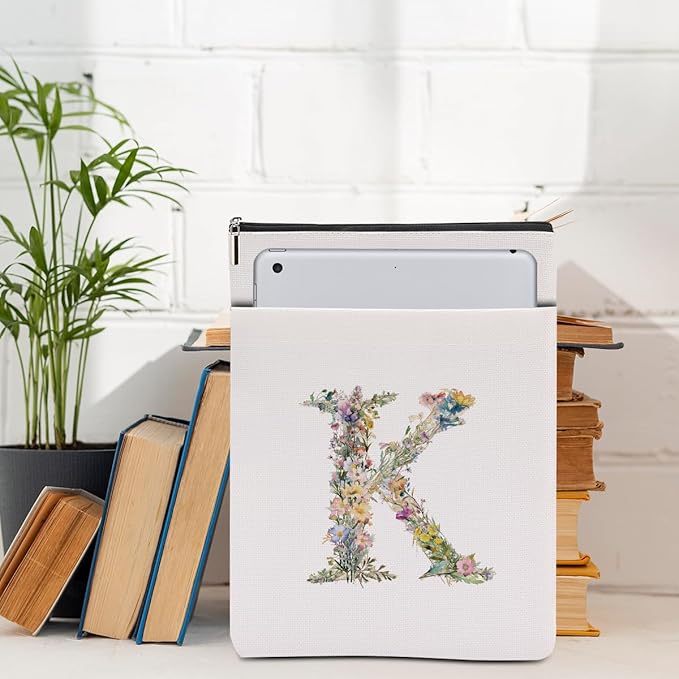 Monogrammed Book Sleeve Floral K Initial Book Pouch Book Accessories Book Lovers Gifts Waterproof Book Cover Book Protector Bookish Gifts Personalized Gifts for Women Girls Readers Bride Mama