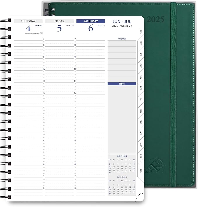 POPRUN 2025 Weekly Planner Spiral Bound with Monthly Tabs 8.5" x 11", Quarter-Hourly Appointment Book with PU Leather Soft Cover, Dual Pockets, Gift Box, Sunday Start - Forest Green