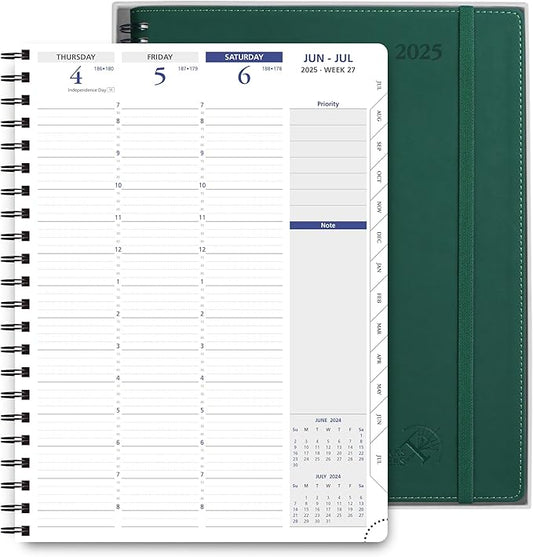 POPRUN 2025 Weekly Planner Spiral Bound with Monthly Tabs 8.5" x 11", Quarter-Hourly Appointment Book with PU Leather Soft Cover, Dual Pockets, Gift Box, Sunday Start - Forest Green
