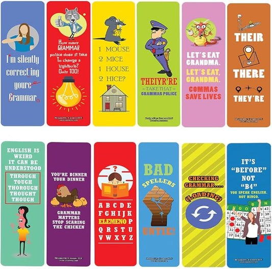 Creanoso Funny English Grammar Mistakes Bookmarks (2-Sets X 6 Cards) – Daily Inspirational Card Set – Interesting Book Page Clippers – Great Gifts for Adults and Professionals