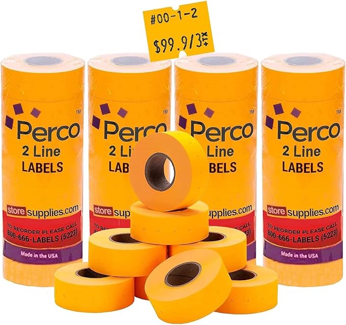 Perco 2 Line Fluorescent Orange Labels - 32 Rolls, 4 Sleeves, 24,000 Blank Price and Date Gun Labels for Perco 2 Line Price and Date Guns - Made in USA