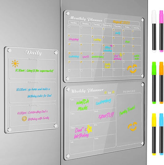DIYMAG 3Pcs Acrylic Magnetic Dry Erase Calendar for Fridge, Clear Acrylic Calendar Planning Board Set Magnetic Weekly Monthly Planner Menu for Refrigerator with 6 Highlight Markers