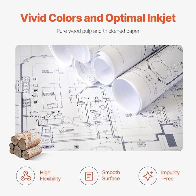 VEVOR Wide Format Paper, 24 in x 150 ft Plotter Paper, 4 Rolls CAD Bond Rolls with 2 in Core, 20 LB Bond Paper Rolls, Idea for CAD Drawings, Engineering Plans, GIS Maps & Architectural Designs