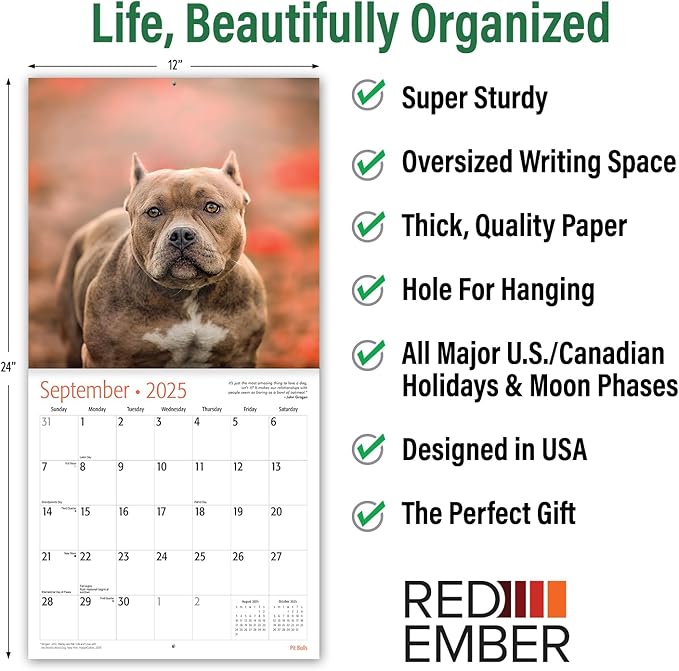 RED EMBER Pit Bulls 2025 Wall Calendar 12 Month | 12" x 24" Open | Thick & Sturdy Paper | Giftable | Calendar 2025