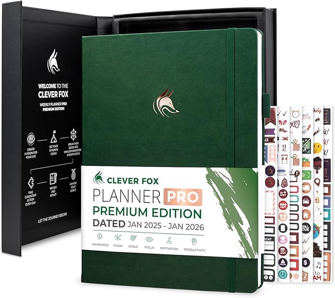 Clever Fox Planner PRO Premium Jan 2025-Jan 2026 – Luxurious Weekly, Monthly & Budget Agenda Organizer for Productivity & Reaching Goals, A4 Hardcover + Keepsake Box – Forest Green