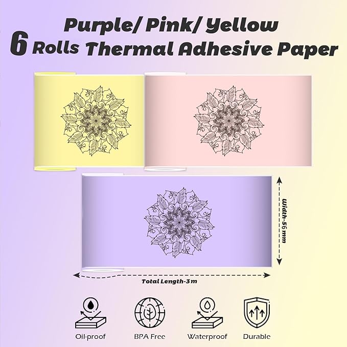 6 Rolls Colored Printer Paper, Self-Adhesive Thermal Paper with Black Character on Yellow/Purple/Pink Color Paper for Printer, 57mm x 25mm Sticker Printer Paper, 3 Color Thermal Labels