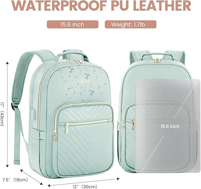 LOVEVOOK Leather Backpack for Women,15.6 inch Leather Laptop Backpack Women Computer Backpack Laptop Bag,Stylish Quilted Travel Backpack Purse Work College Teacher Backpack with USB Port,Powder Blue