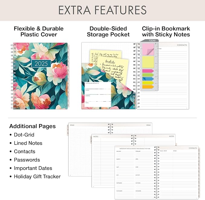 Essential PRO 2025 Daily, Weekly & Monthly Planner, 7"x9": 14 Months (Nov 2024 - Dec 2025) Monthly Tabs,Daily Tracking,Notes Pages,Storage Pocket,Bookmark w Sticky Notes (Teal Floral)