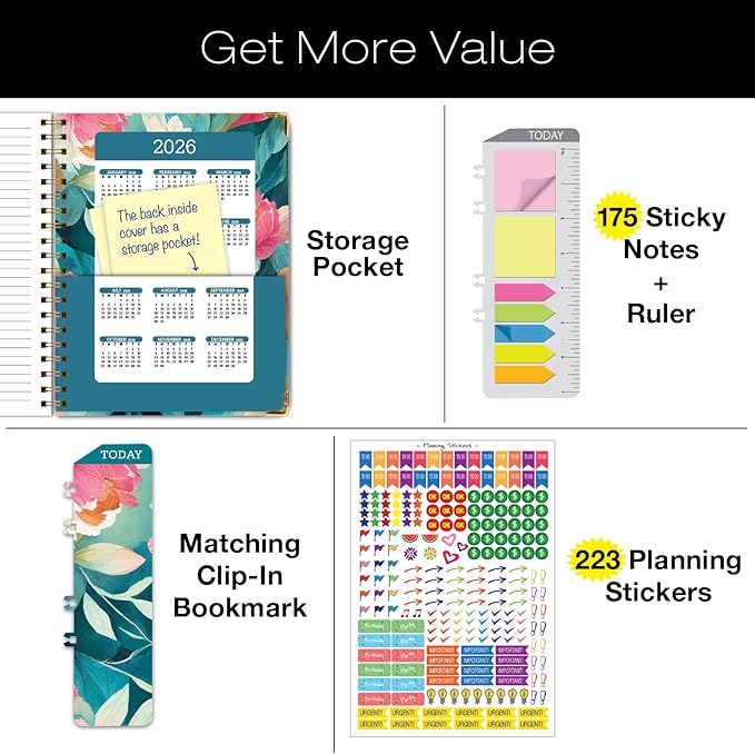 HARDCOVER 2025 Planner, 8.5"x11": 14 Months (November 2024 - December 2025), Daily Weekly Monthly Planner, Yearly Agenda, Bookmark, Pocket Folder and Sticky Note Set (Teal Floral)