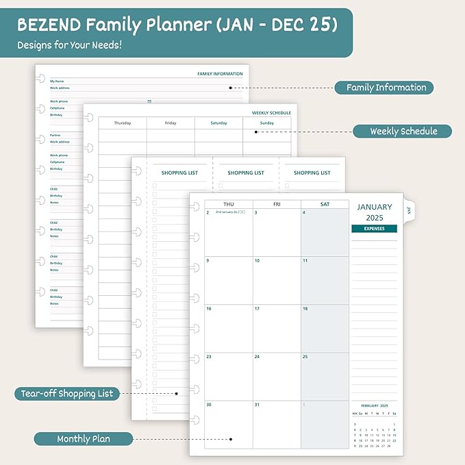 BEZEND Life Planner 2025 Weekly & Monthly Family Organizer with 6 Columns 7" x 9" - Agenda 2025 Family Calendar with Tabs, Pocket & Tear-off Shopping List, Disc Bound Flexible Cover - Prussian Blue