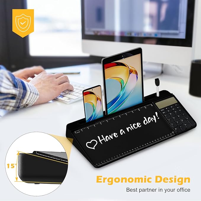 Desktop Glass Whiteboard with Mirror & Calculator(12 Digit LCD Display) & Ruler Marker,Tilted Computer Keyboard Stand with Dry Erase Board Surface, Desk Organizers with Accessories,Black