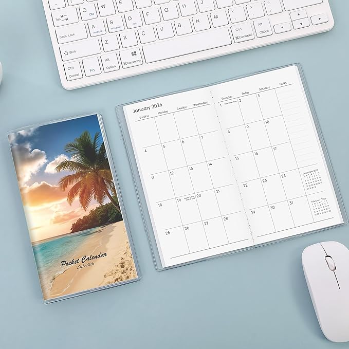 Pocket Calendar 2025-2026, Purse Monthly Planner - 3.7" x 6.7" - Runs from January 2025 Until December 2026, 2025 Pocket Calendar with Beach PVC Cover for Office