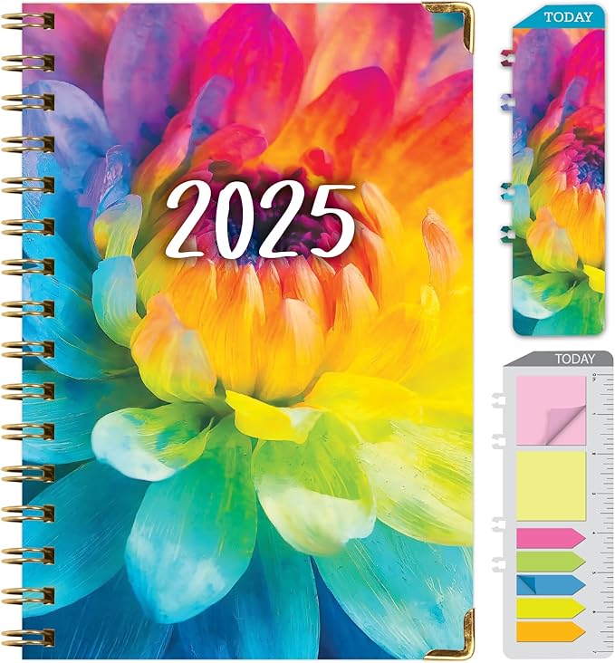 HARDCOVER 2025 Planner, 5.5"x8": 14 Months (November 2024 - December 2025), Daily Weekly Monthly Planner, Yearly Agenda, Bookmark, Pocket Folder and Sticky Note Set (Rainbow Petals)