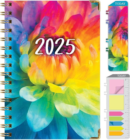 HARDCOVER 2025 Planner, 5.5"x8": 14 Months (November 2024 - December 2025), Daily Weekly Monthly Planner, Yearly Agenda, Bookmark, Pocket Folder and Sticky Note Set (Rainbow Petals)