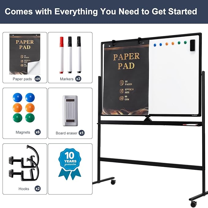 Dry Erase Whiteboard Easel on Wheels - TANKEE 70" x 36" Large Double Sided Mobile Whiteboard, Reversible Magnetic Rolling White Board for Home Office Classroom, Flip Chart Holders and Paper Pad