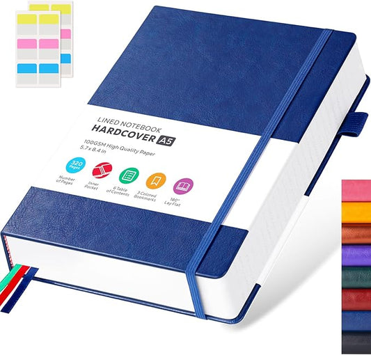 Thick Notebook Journal, Leather A5 Notebooks College Ruled 320 Pages Lined Paper Notebooks, Hardcover Journal Notebook for Writing Women and Men, 5.7'' X 8.4'', Dark Blue