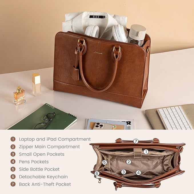 LOVEVOOK Laptop Bag for Women, Work Tote Bags 15.6 inch Computer Bags for Laptops for Women Purse, Large Vintage PU Leather Waterproof Business Office Briefcase, Brown