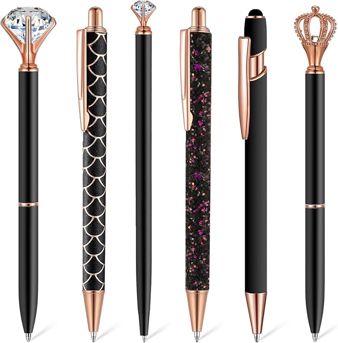 6 Pcs Ballpoint Pens Set Metal Crystal Diamond Pen for Journaling Glitter Pretty Cute Stationery Black Ink Fancy Gifts for Women Girls Teacher Office Wedding School Supplies(Black)