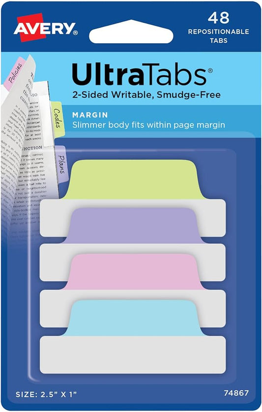 Avery Margin Ultra Tabs, 2.5" x 1", 2-Side Writable, Assorted Pastel Colors, 48 Repositionable Tabs (74867)