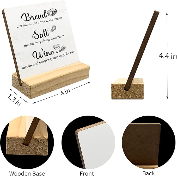 Wine Signs for Home Decor,Inspirational Desk Decor,Kitchen Decor Bread Salt Wine Wooden Sign Desk Decor for Farmhouse Home Kitchen Table Shelf Decoration, Housewarming Gifts for Woman