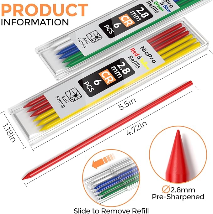 Nicpro 60 PCS Carpenter Pencil Lead Refills 2.8mm, Lead for Carpenter Mechanical Pencil, Break Resistant 2.8 mm Lead for Construction Pencil, Woodworking Pencil (Black, Red, Yellow, Green, Blue,White)
