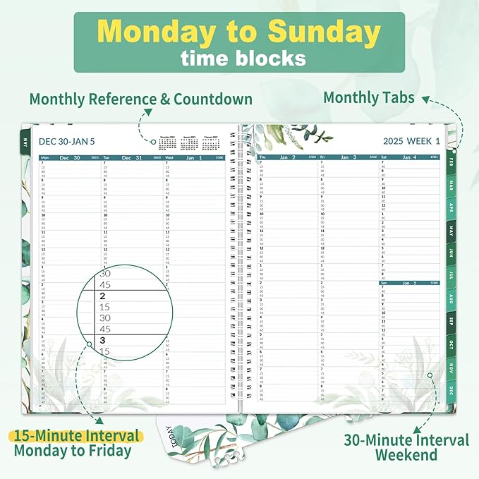 SUNEE 2025 Appointment Book, Quarter-Hourly, Weekly & Monthly - from January 2025 - December 2025, 8.5"x11" Weekly Planner, Flexible Cover, Note Pages, Pockets, Bookmark, Spiral Binding, Half Leaf
