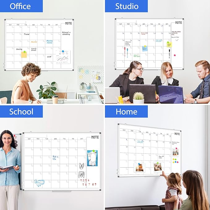 WALGLASS Dry Erase Calendar Whiteboard, 48" x 36" Monthly Large Dry Erase Calendar for Wall, Double-Sided Hanging Calendar White Board with Silver Aluminum Frame for Home, School, Office, Kitchen