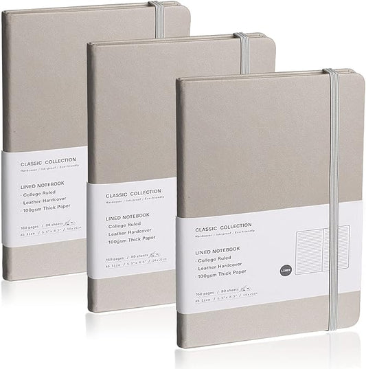 Lined Journal Notebook, 3Pack(Grey), 160 Pages, Medium 5.7 inches x 8 inches - 100 gsm Thick Paper, Hardcover