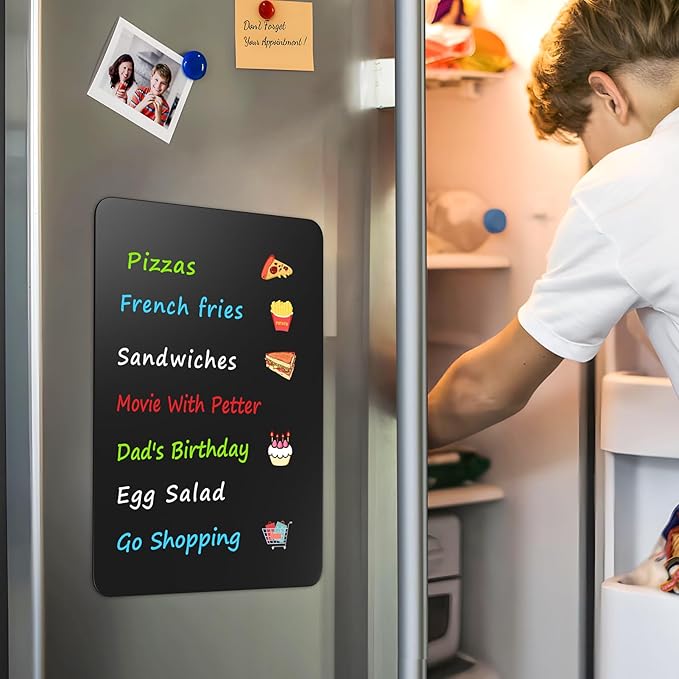 MaxGear Magnetic Black Dry Erase Board Sheet for Refrigerator, 16"x12" Fridge Magnetic Whiteboard for Kitchen, Fridge Shopping List for Family Planner and Grocery List, 4 Chalk Markers