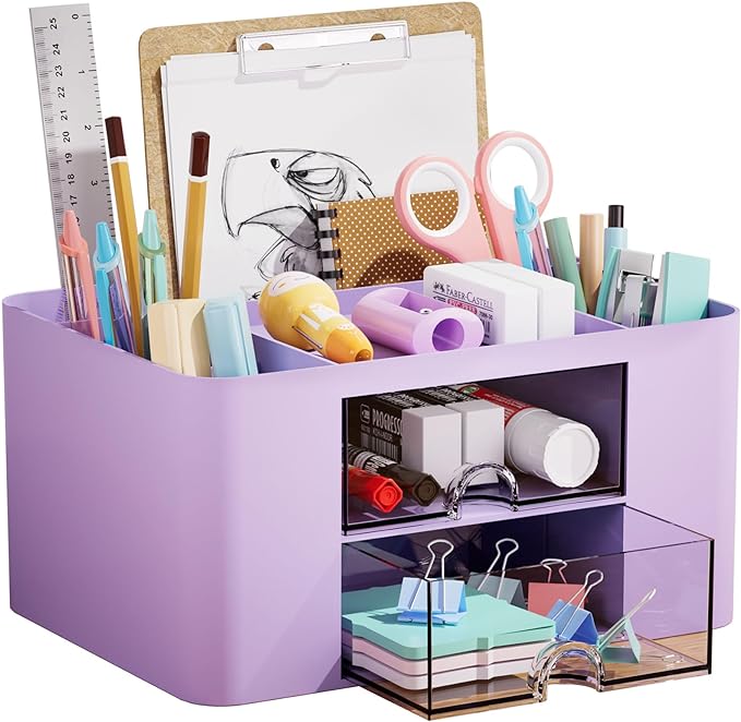 Marbrasse Pen Organizer with 2 Drawer, Multi-Functional Pencil Holder for Desk, Desk Organizers and Accessories with 5 Compartments + Drawer for Office Art Supplies (Purple)