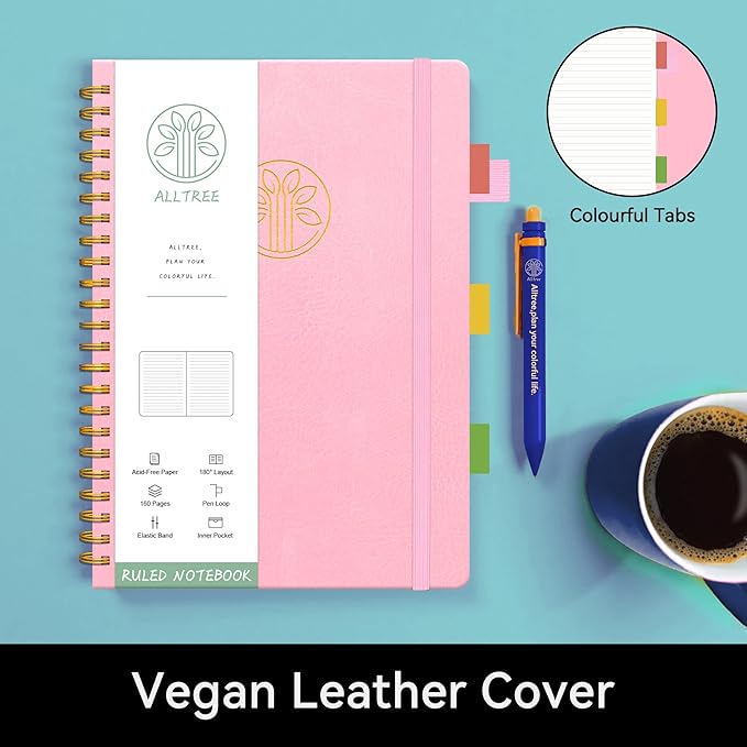 Alltree Lined Journal Notebook, Hardcover Spiral Notebook for Work, Hardcover Spiral Notebook with Tabs, Pen Loop, Pocket, Stickers, 160 Pages, Journal for Women & Men, Pink(6"x8.5")
