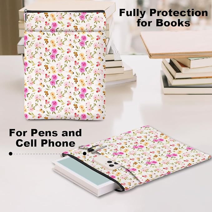 Watercolor Floral Pattern Book Lovers Gifts Waterproof Book Sleeve Book Pouch Book Protector with Zipper and Front Pocket BookCover Case for Women Girl Readers Wife Book Accessories Book Club Gifts