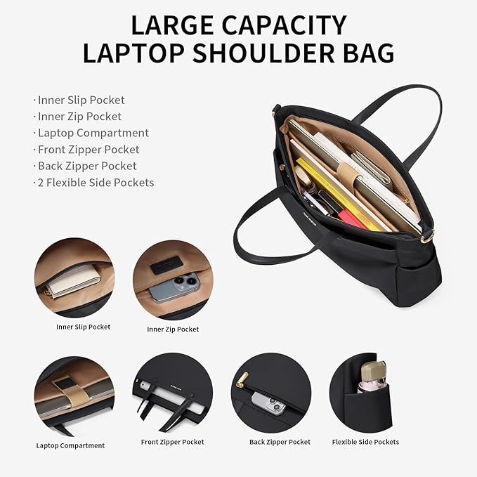 Laptop Tote Bag 15 Inch, Computer Shoulder Bag Large Work Tote Bag for Women, Laptop Carrying Case Stylish Handbag for Business Travel (Black)